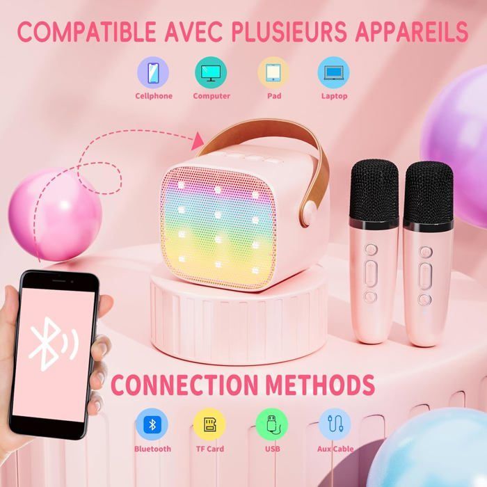 Set de micrófonos de karaoke para niños y adultos con 2 micrófonos inalámbricos, altavoz de karaoke Bluetooth portátil, luz LED de karaoke, regalo de Navidad para niños, juguete para niñas