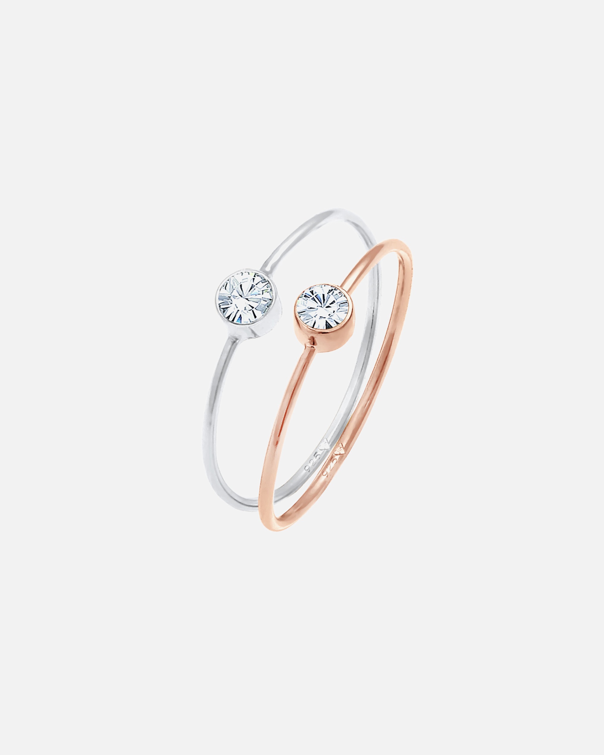 Elli Femmes Empilement Set de 2 Solitaire Basique Bicolore avec Cristal en Argent Sterling 925 Plaqué Or