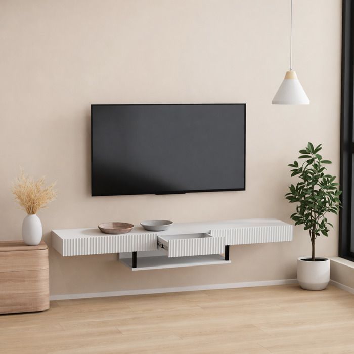 Meuble TV suspendu 1 tiroir | Meuble TV de salon | Modèle Renzo | 150x30x22cm | Couleur Blanc
