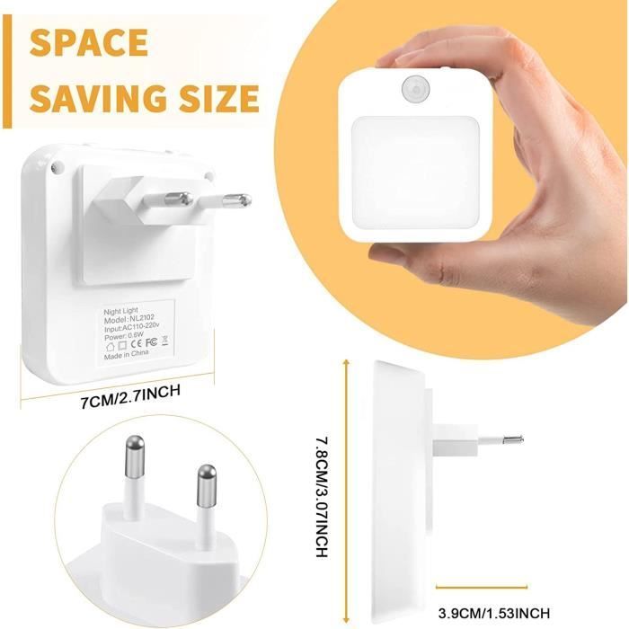 Pack de 2 Veilleuse LED Prise Electrique avec 3 Modes d'éclairage avec Detecteur Mouvement pour Chambre, salle de bain, Cuisine
