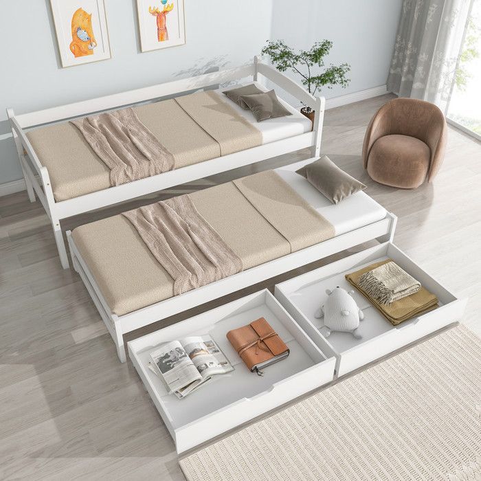 Letto estraibile per bambini con contenitore, 2 posti - Con 2 cassetti - Struttura in legno massello - Bianco