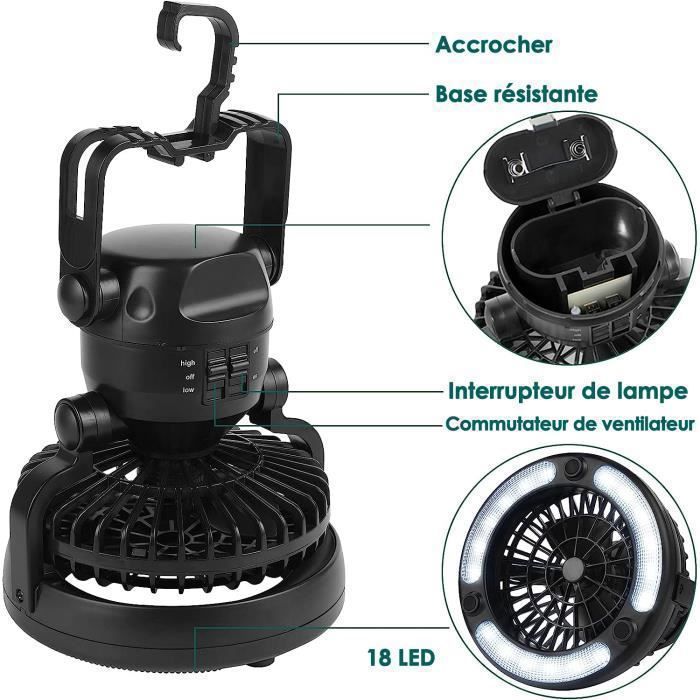 Ventilateur de camping 2-en-1 avec LED, portable, suspendu,6 pouces,  2 vitesses, rotation 360°, à piles – Noir