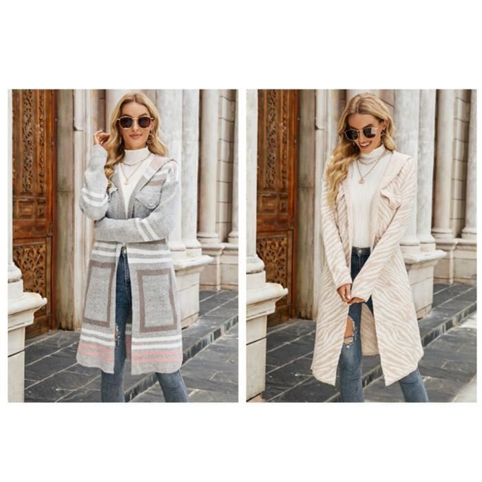 Pull Femme A Capuche Mi-Longue Tricoté Coupe Décontractée Manches Longues Casual - Gris - INSFITY