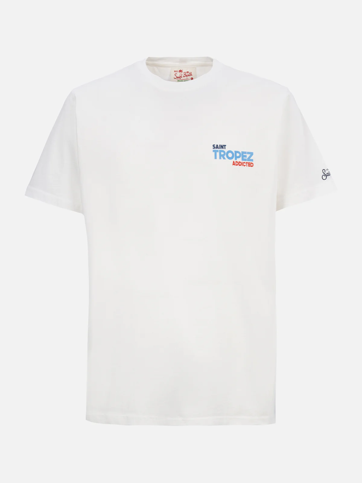 Camiseta de algodón para hombre con estampado de postal de Saint Tropez.