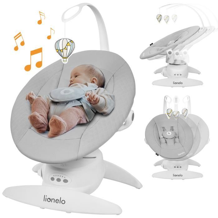 Columpio eléctrico para bebé LIONELO Iris 360° - Ligero - Hamaca - 12 melodías - 3 modos - 5 velocidades - Hasta 9 kg - Gris