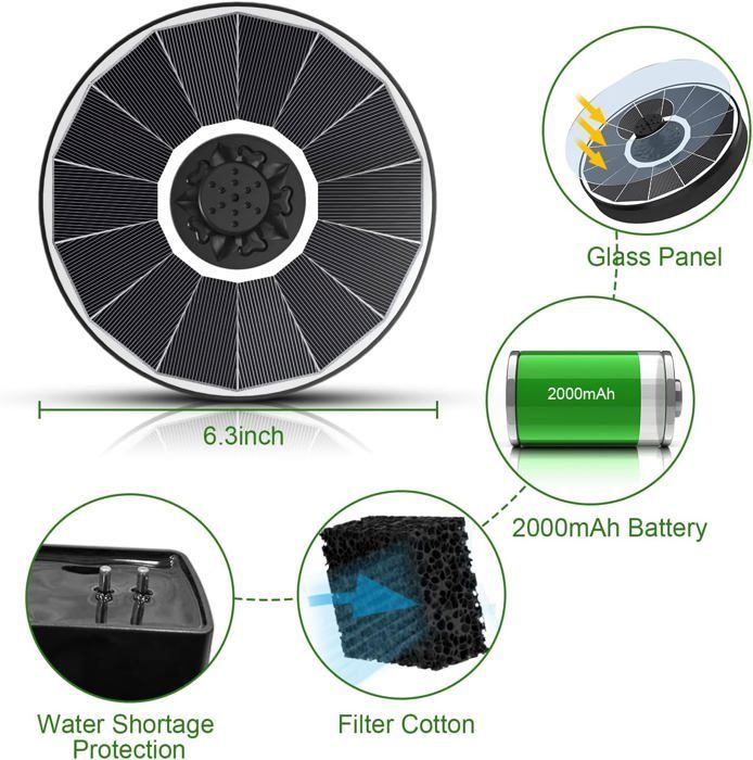 Fuente solar de 3,5 W con batería de 2000 mAh, bomba de fuente solar flotante para exteriores mejorada de 2025, estanque solar con 8 boquillas.