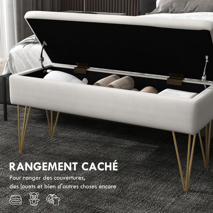 Panca da letto - HOMCOM - Panca contenitore 2 in 1 con gambe a forcina in acciaio dorato - lino - 100x40x49cm - crema