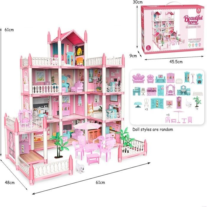 Casas de muñecas para niñas con muebles y decoración, 11 habitaciones, 4 figuras, 4 pisos, luces, regalo DIY para