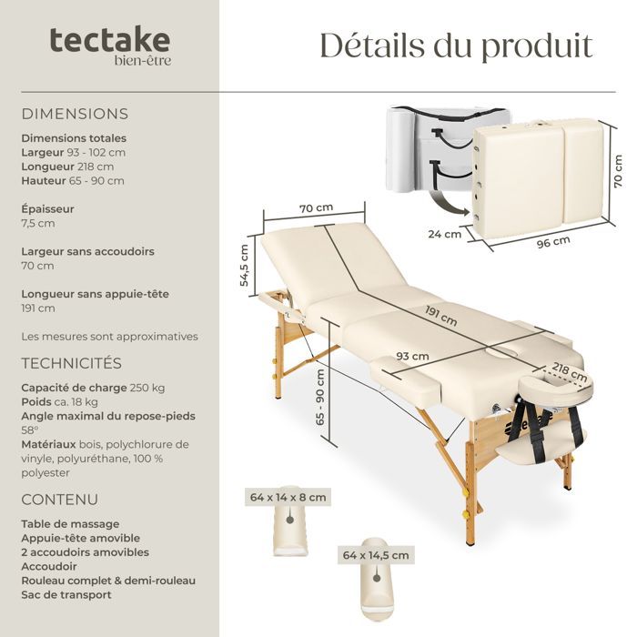 Camilla de masaje - TECTAKE - SOMWANG Camilla de tratamiento plegable y portátil de 3 secciones con estructura de madera 218 x 102 x 90 cm - Beige