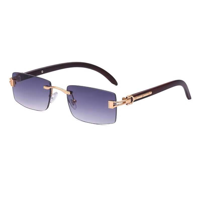 Óculos de sol masculinos vintage elegantes, sem armação de madeira, estilo retangular clássico.