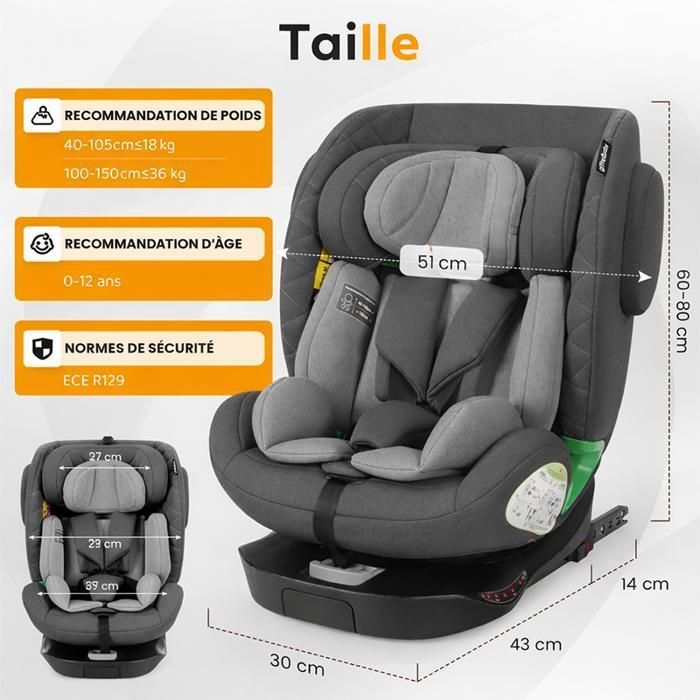 i-Size 360° ISOFIX + Top Tether car seat 40-150 cm, rear/forward facing, ECE R129, gray