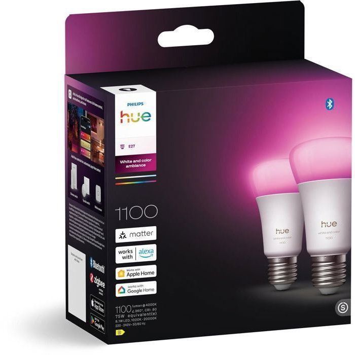 Pack de 2 ampoules LED connectées A60 - PHILIPS HUE - Lumière blanche et colorée - Culot E27 - 8,1W - 1000-2000k - 1100 lumens