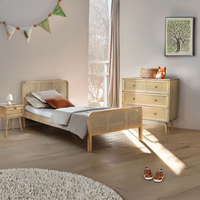 Chambre complète lit cannage enfant avec commode et chevet bois naturel ANNA 90x190 - Bois naturel - Terre de Nuit