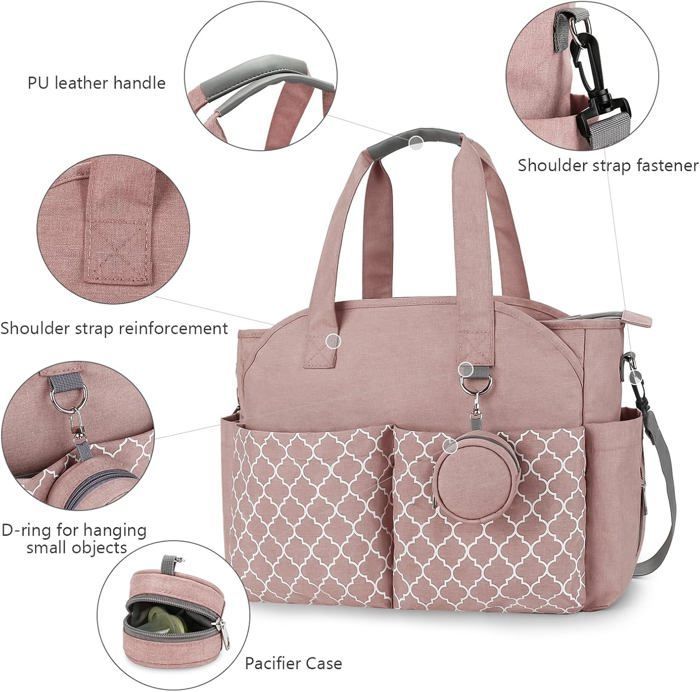 Bolso cambiador para bebé, 13 bolsillos, múltiples compartimentos de almacenamiento, bolso de maternidad, bolso cambiador de viaje con correa para el hombro (rosa)