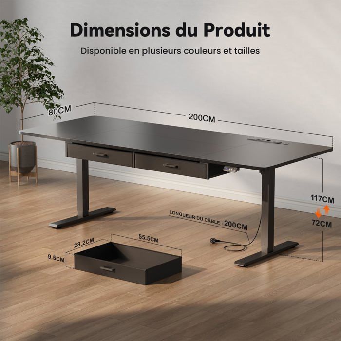 HLONONE Bureau Électrique Debout et Assis, 200 x 80 cm, avec Prise de Courant Intégrée, 2 Tiroirs Amovibles, Port USB-C, Noir