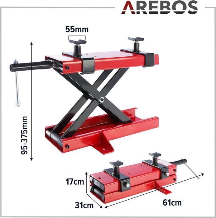 AREBOS Sollevatore per moto da 500 kg con piattaforma di sollevamento e blocco di montaggio | Regolabile da 95 a 375 mm Rosso - Nero