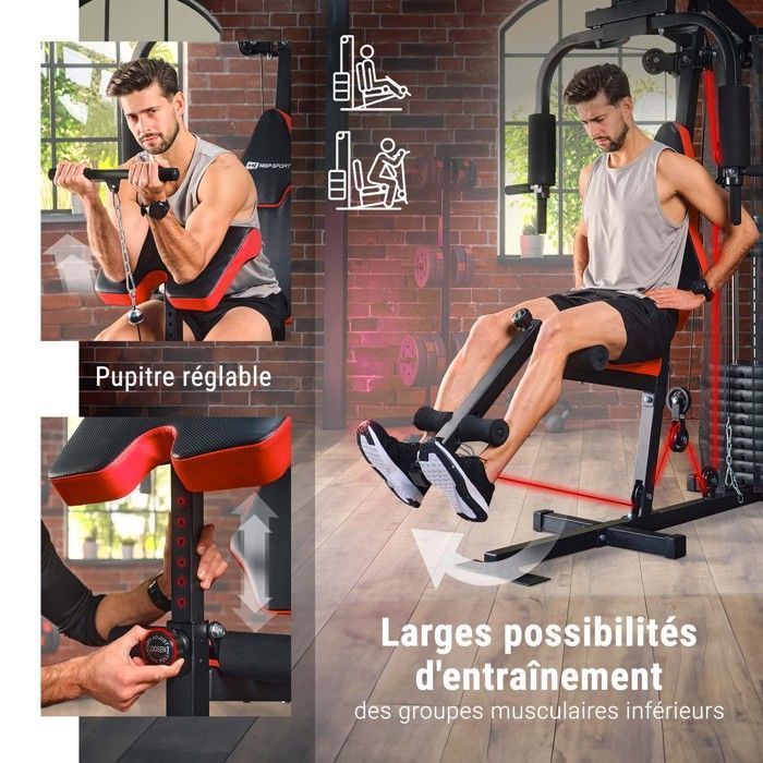 Hop-Sport HS-1044K Multifunctioneel krachttrainingsstation, fitnesscentrum, multigym met katrol, butterfly-apparaat en gewichten van 66 kg.