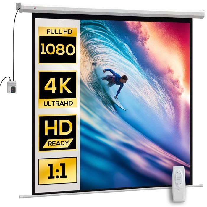 Pantalla de proyección motorizada - HOMCOM - 85 pulgadas - 4K HD, montaje eléctrico en pared o techo, panel de control y mando a distancia.