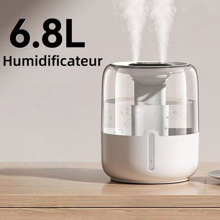 Humidificador de 6,8 litros, pantalla LED, doble salida de niebla, luz nocturna, funcionamiento silencioso, portátil, color beige.