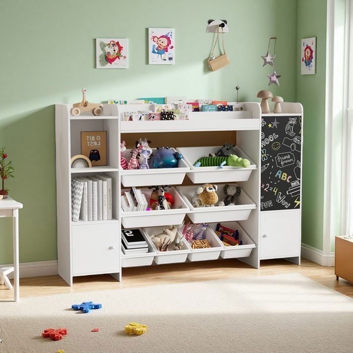 Libreria a 6 ripiani - Mobile contenitore - 137x30x94,5 cm - Con lavagna e ante - per soggiorno, ufficio, camera da letto - Bianco