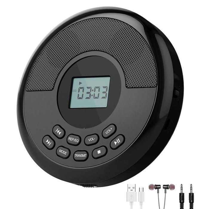 Lecteur CD Portable Bluetooth Noir - Haut-Parleurs Intégrés, USB, Batterie 1500mAh, Anti-Choc, HIFI, Compact - 145x145x30mm