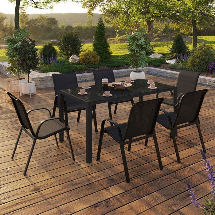IDMARKET Salon de jardin MADRID table 150 CM et 6 chaises empilables noir