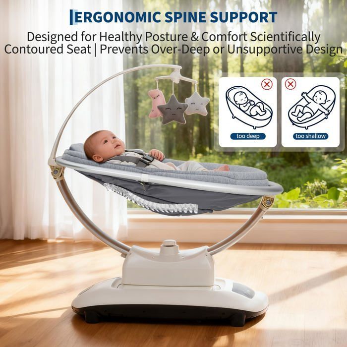 LUNSY Balancelle Transat Bébé Électrique avec Télécommande, technologie de balancement 5D, Musique, 0 à 6 mois, Gris Clair