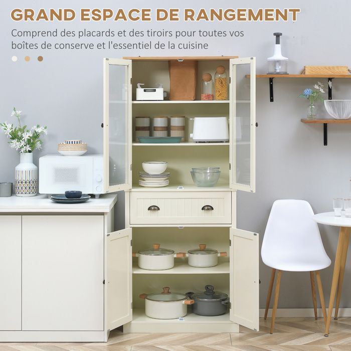 Kitchen sideboard - HOMCOM - storage unit with 4 doors (2 glass doors) and 1 drawer - wood - height 182.5 cm - beige