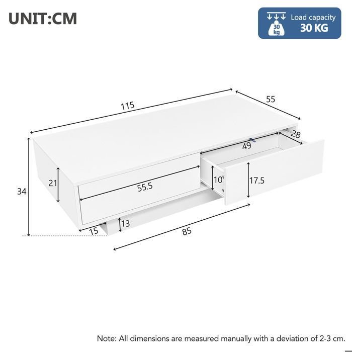 Tavolino moderno con 2 cassetti e illuminazione a LED, complemento d'arredo per soggiorno, 115x55x34 cm, bianco lucido.