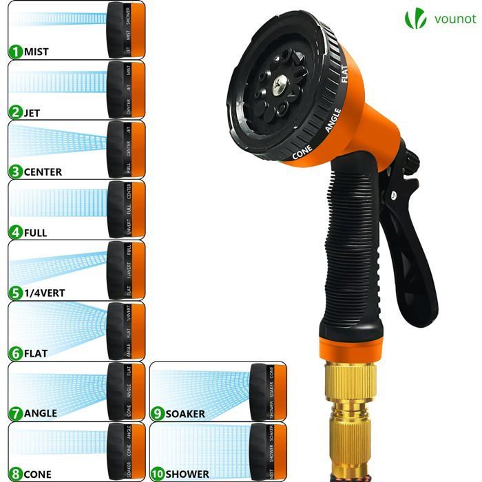 VOUNOT® Reinforced Expandable Garden Hose 15m Orange - 10 Modes - Connector and Storage Bag Included - Flexible, Leak-Proof