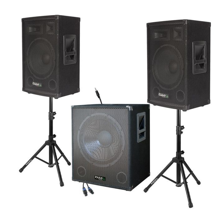 2000W PA-system CUBE1512 + 2 høyttalerstativer + kabler PC-, PA-høyttalere DJ-lydsystem LED-lysbar Klubbsport Fitness Dansefest Miks