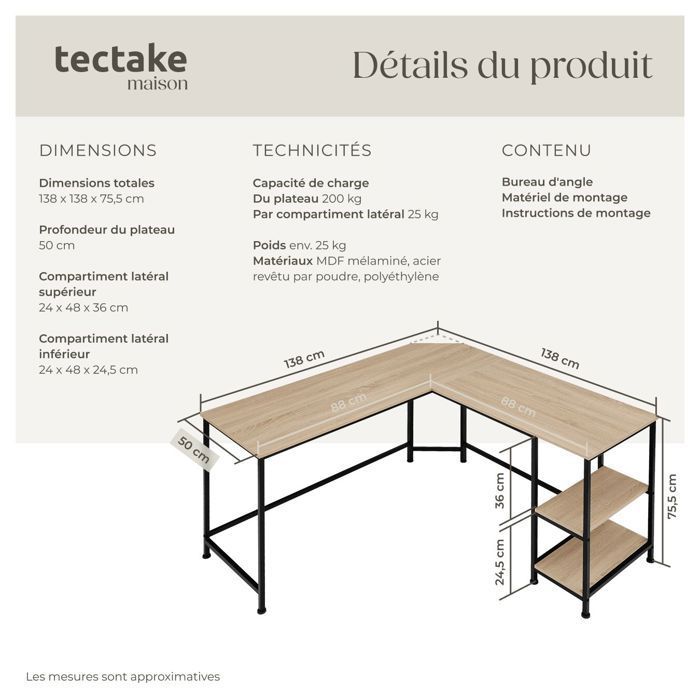 Bureau - TECTAKE - Table de bureau en L HAMILTON avec 2 compartiments 138 x 138 x 75,5 cm - Bois clair
