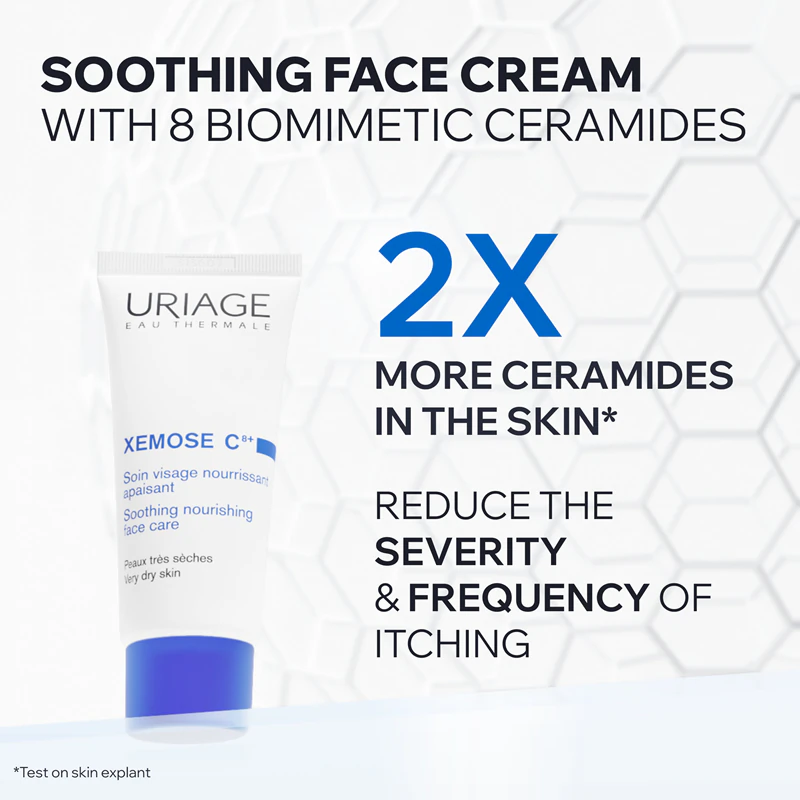 Uriage Xemose C8+ Verzachtende en voedende gezichtsverzorging, een verzachtende en voedende crème voor de droge en atopische huid.