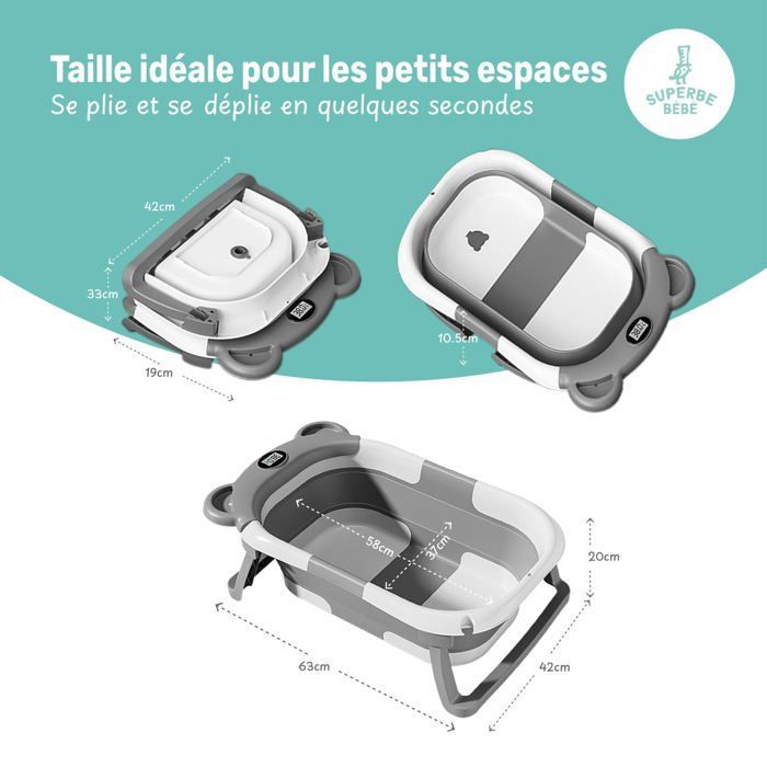Baignoire bébé pliable - Thermomètre et coussin inclus - BEAR - Grey | SUPERBE BEBE