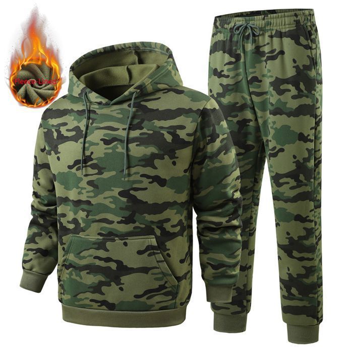 Chándal de dos piezas para hombre con capucha y estampado de camuflaje, para entretiempo, color verde.