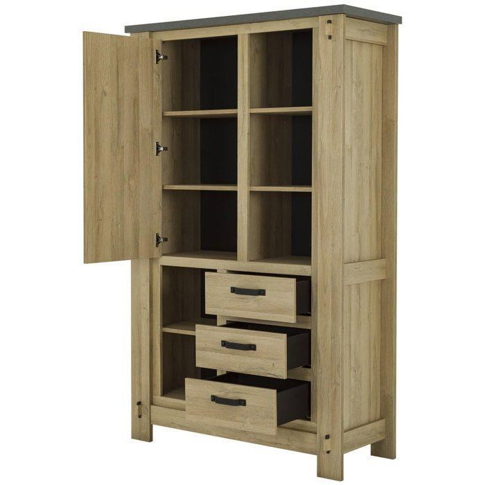 Aparador alto BROCELIANDE – Acabado en roble claro – 1 puerta + 3 cajones – 124 × 50 × 202 cm – GAMI