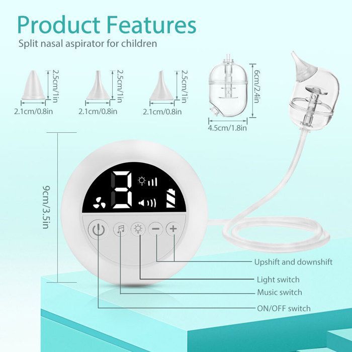 Aspirateur nasal électrique pour bébé avec 9 niveaux d'aspiration, musique et lumières intégrées, aspirateur nasal électrique