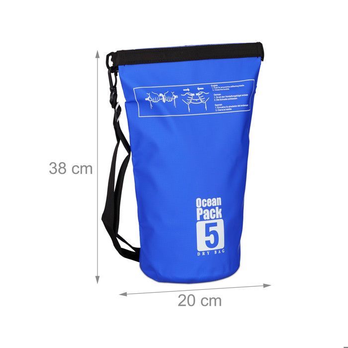 Bolsa impermeable Relaxdays Ocean Pack de 5 litros, ligera y compacta, para esquí al aire libre, deportes, vela, snowboard, azul.