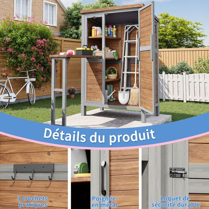 Armoire de jardin rangement extérieur bois sapin étanche 160cm, avec plan de travail escamotable et étagères réglables outils jardin