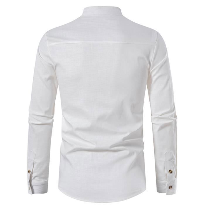 Camisa de hombre transpirable de algodón y lino con cuello alto y mangas largas - INSFITY - Blanca