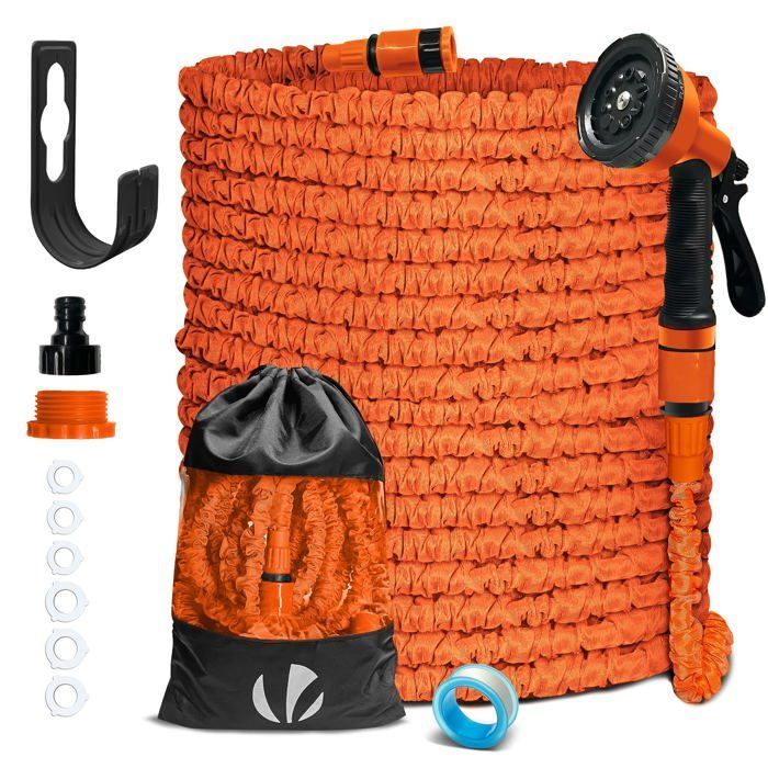 VOUNOT® Tuyau d'arrosage extensible 45m orange - 10 modes - raccord et sac de rangement inclus - flexible, anti-fuite