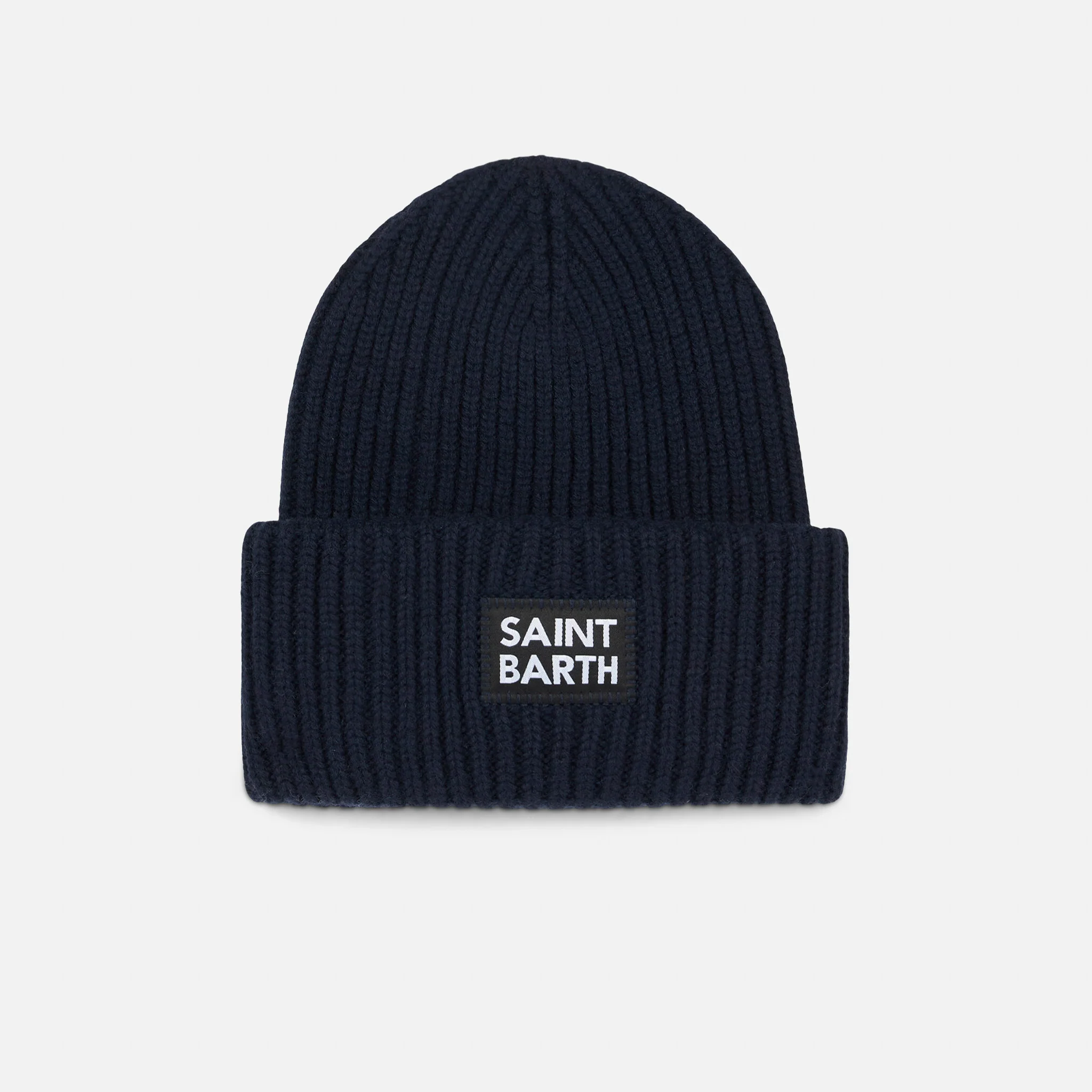 Gorro azul acanalado para niños con etiqueta de Saint Barth.