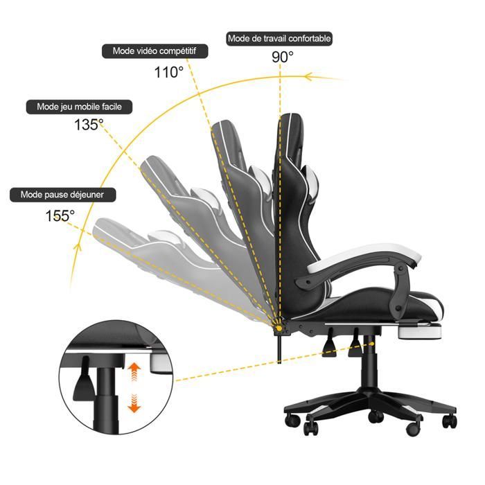 Chaise de gaming de bureau avec repose-pieds ergonomique, pivotant à 90 °, avec coussin lombaire & appuie-tête, réglable en hauteur
