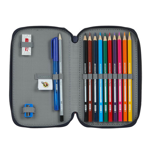  Mochila escolar Safta com 28 itens úteis inclusos, Seleção Espanhola de Futebol, 125x40x195mm, Vermelha