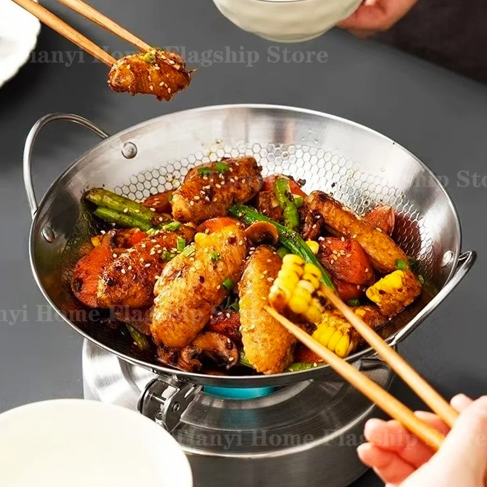Poêle à frire antiadhésive en acier inoxydable de 25 cm, type wok à fruits de mer, avec revêtement nid d'abeille. Idéale pour la cuisine à la maison, avec une plaque de cuisson à gaz.