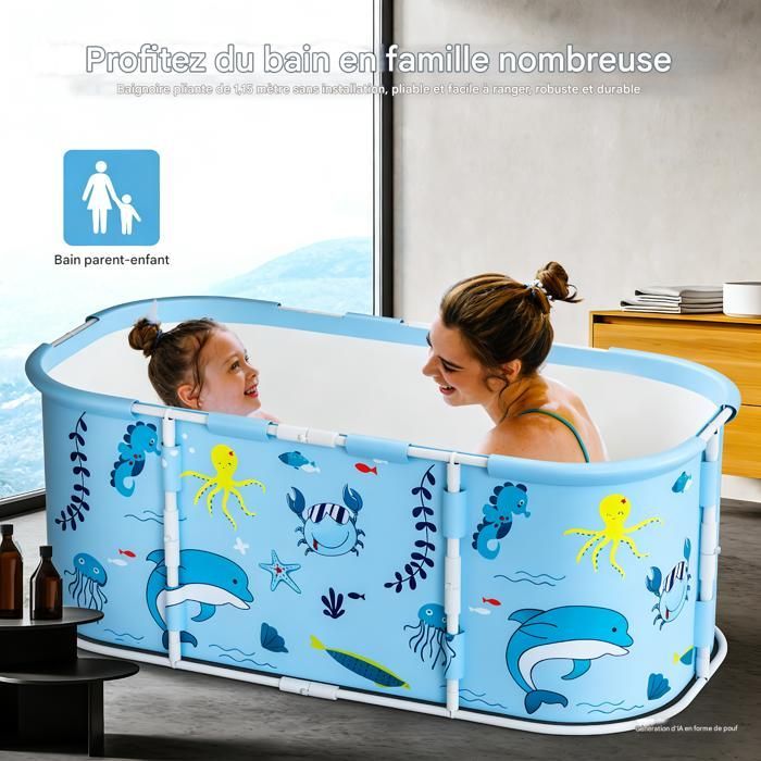 Baignoire Pliable Adulte Enfant 110x60x50cm Piscine Bébé Conservation de la Chaleur Bain Glacé Bleu Clair