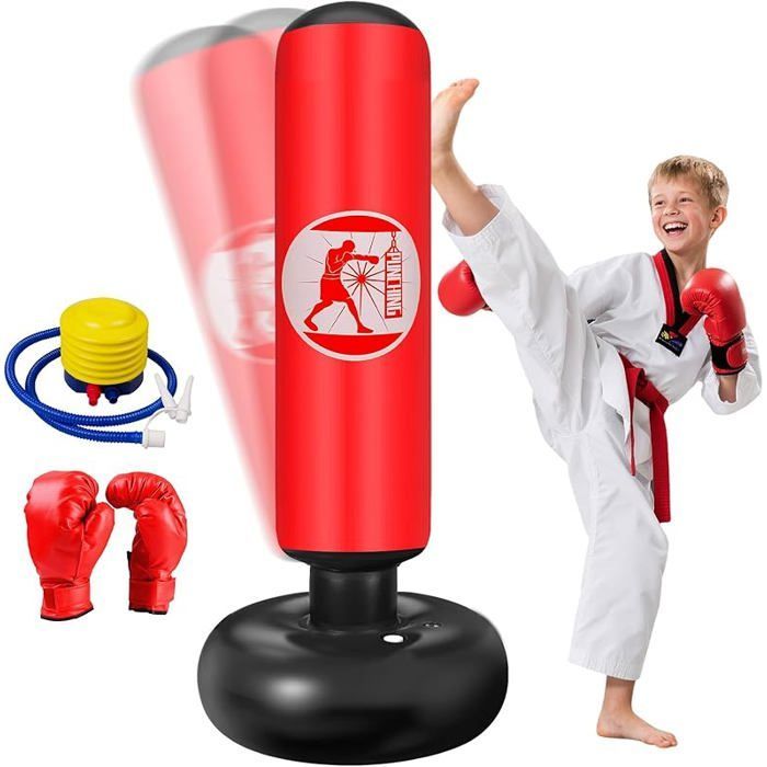 Set regalo per bambini composto da sacco da boxe gonfiabile autoportante da 160 cm con pompa ad aria e guantoni da boxe - Rosso