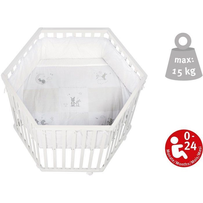 Parc hexagonal - ROBA - FOX & BUNNY - De la naissance jusqu'à 15 kg - Réglable - Roulettes - Blanc laqué
