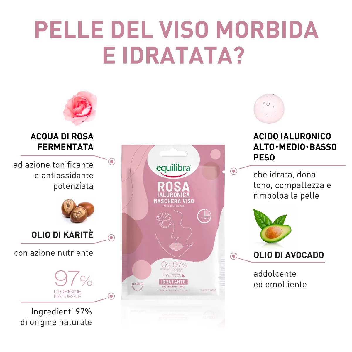 EQUILIBRA Hydraterend gezichtsmasker Equilibra Hyaluronic Rose, 1 stuk