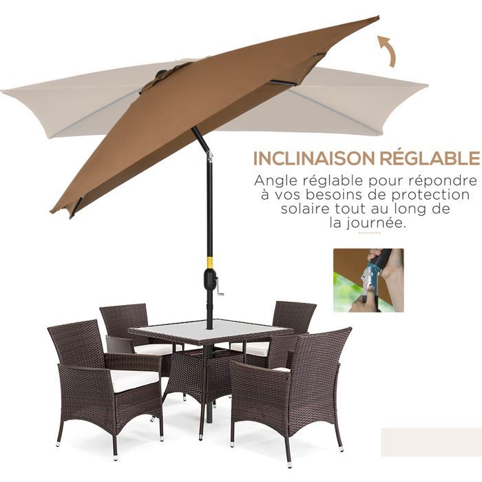 Sombrilla rectangular basculante - Outsunny - protección solar - tejido de poliéster de 180 g/m² - 2,94 m de largo x 1,98 m de ancho x 2,55 m de alto - marrón